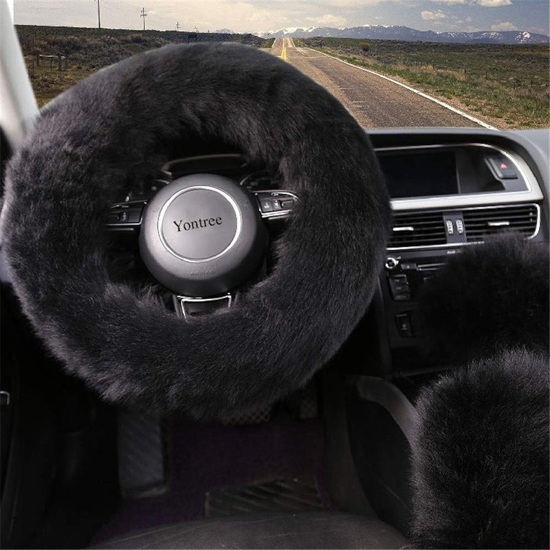 Yontree Fashion Fluffy Steering Wheel Covers for Women/Girls/Ladies/Men Australia Pure Wool Universal 15 Inch 1 Set 3 Pcs (Black) - Image 3